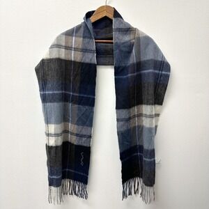 Nuna Plaid Fringe Cashmere Scarf Navy 12.25" x‎ 72"